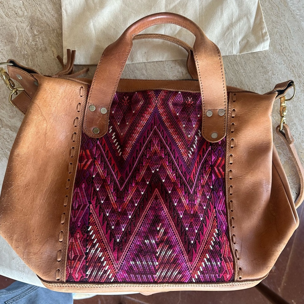 Handcrafted Leather and Textile Tote Bag. Made by Etnico Culture in Guatemala